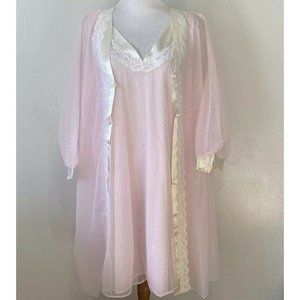 VTG 50's 60's Peignoir Set Pink Nylon Chiffon Lace